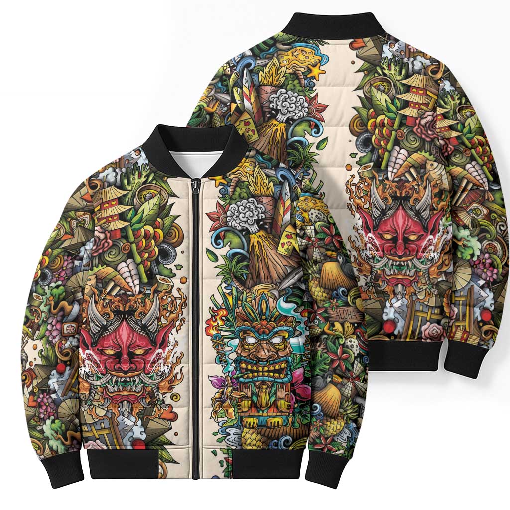 Hawaii And Japan Bomber Puffer Jacket Tiki With Oni Mask - Wonder Print Shop