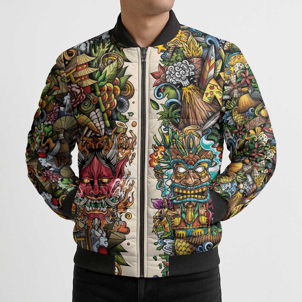 Hawaii And Japan Bomber Puffer Jacket Tiki With Oni Mask - Wonder Print Shop
