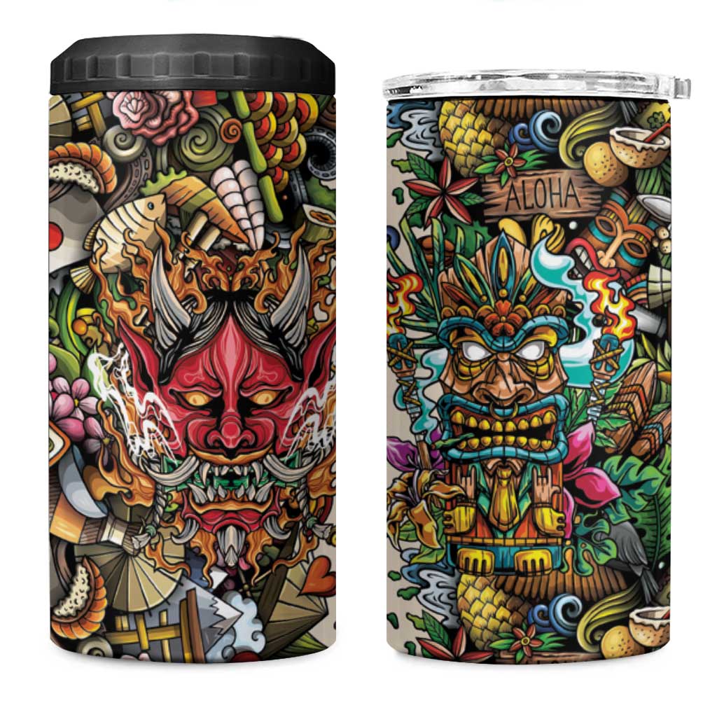 Hawaii And Japan 4 in 1 Can Cooler Tumbler Tiki With Oni Mask - Wonder Print Shop