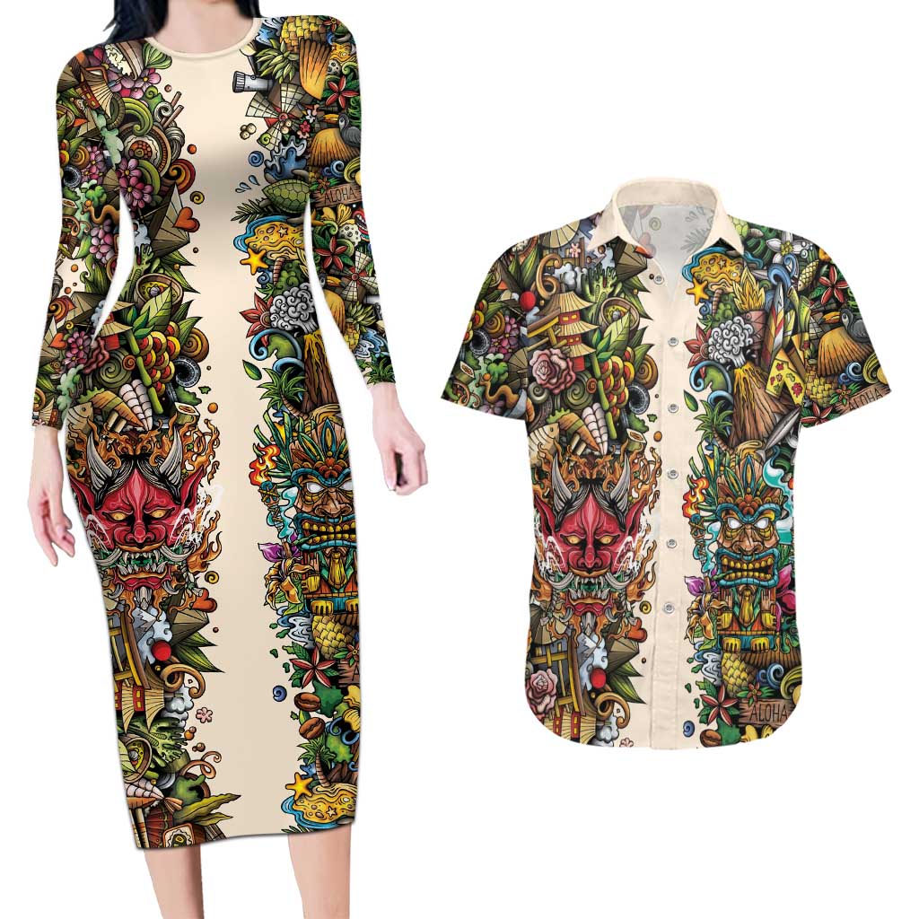 Hawaii And Japan Couples Matching Long Sleeve Bodycon Dress and Hawaiian Shirt Tiki With Oni Mask - Wonder Print Shop