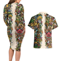 Hawaii And Japan Couples Matching Long Sleeve Bodycon Dress and Hawaiian Shirt Tiki With Oni Mask - Wonder Print Shop