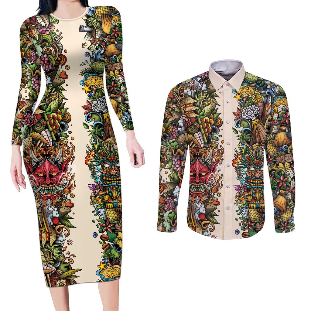 Hawaii And Japan Couples Matching Long Sleeve Bodycon Dress and Long Sleeve Button Shirt Tiki With Oni Mask - Wonder Print Shop