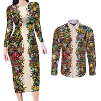Hawaii And Japan Couples Matching Long Sleeve Bodycon Dress and Long Sleeve Button Shirt Tiki With Oni Mask - Wonder Print Shop
