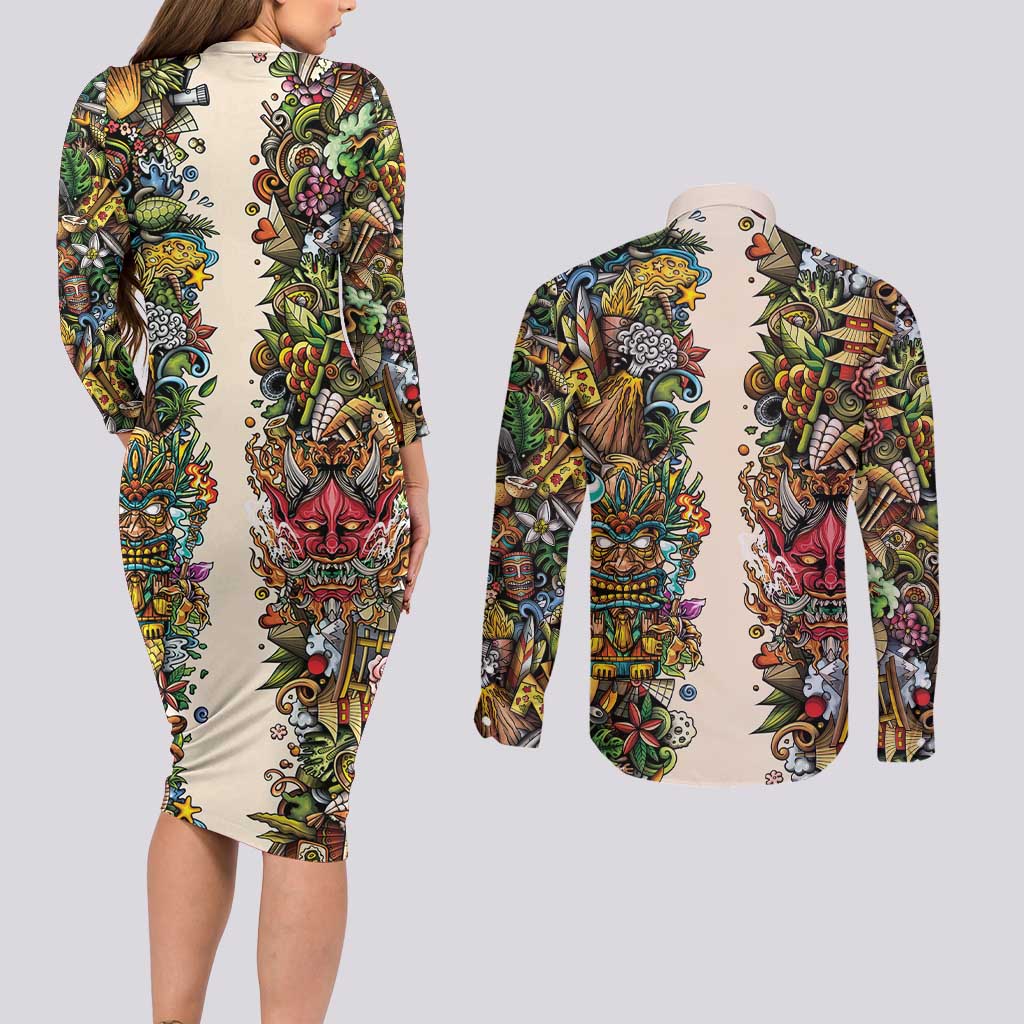 Hawaii And Japan Couples Matching Long Sleeve Bodycon Dress and Long Sleeve Button Shirt Tiki With Oni Mask - Wonder Print Shop
