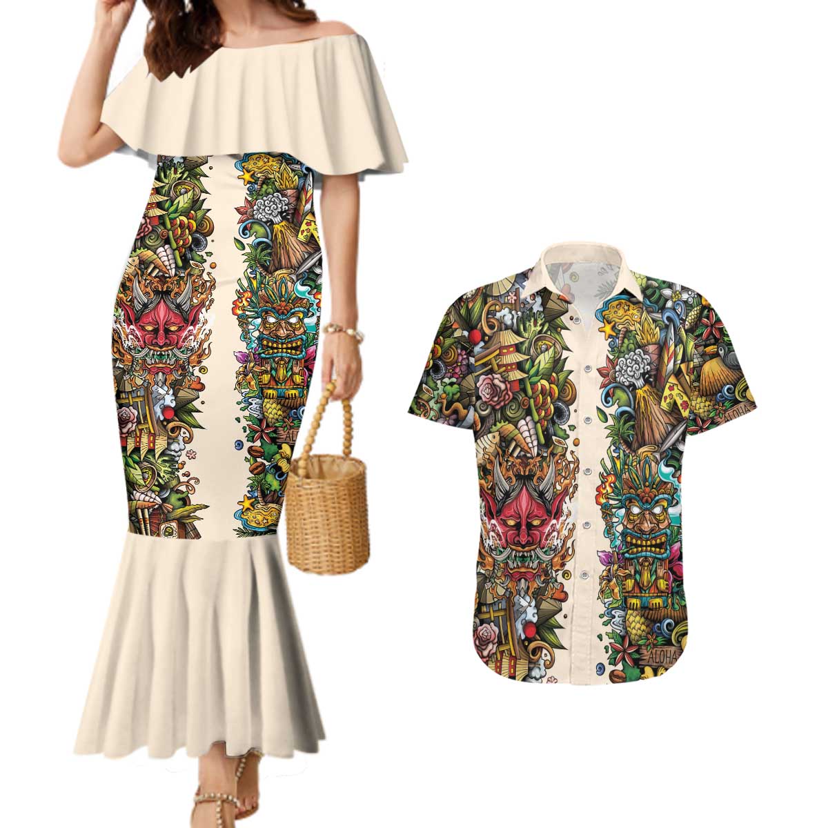 Hawaii And Japan Couples Matching Mermaid Dress and Hawaiian Shirt Tiki With Oni Mask - Wonder Print Shop