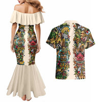 Hawaii And Japan Couples Matching Mermaid Dress and Hawaiian Shirt Tiki With Oni Mask - Wonder Print Shop