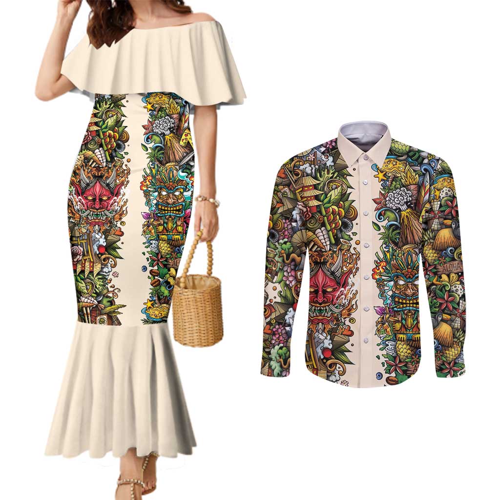 Hawaii And Japan Couples Matching Mermaid Dress and Long Sleeve Button Shirt Tiki With Oni Mask - Wonder Print Shop