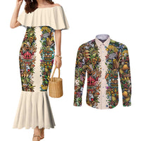 Hawaii And Japan Couples Matching Mermaid Dress and Long Sleeve Button Shirt Tiki With Oni Mask - Wonder Print Shop