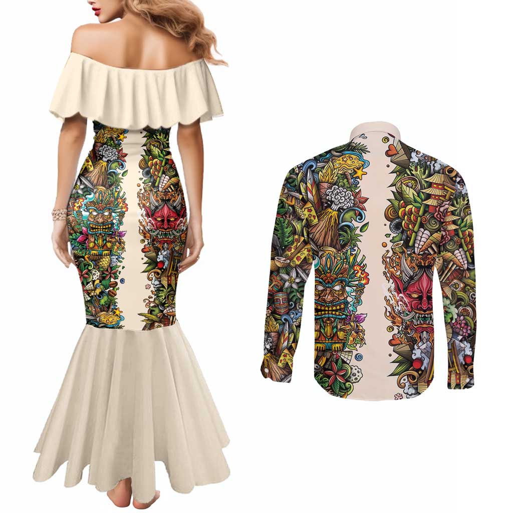 Hawaii And Japan Couples Matching Mermaid Dress and Long Sleeve Button Shirt Tiki With Oni Mask - Wonder Print Shop
