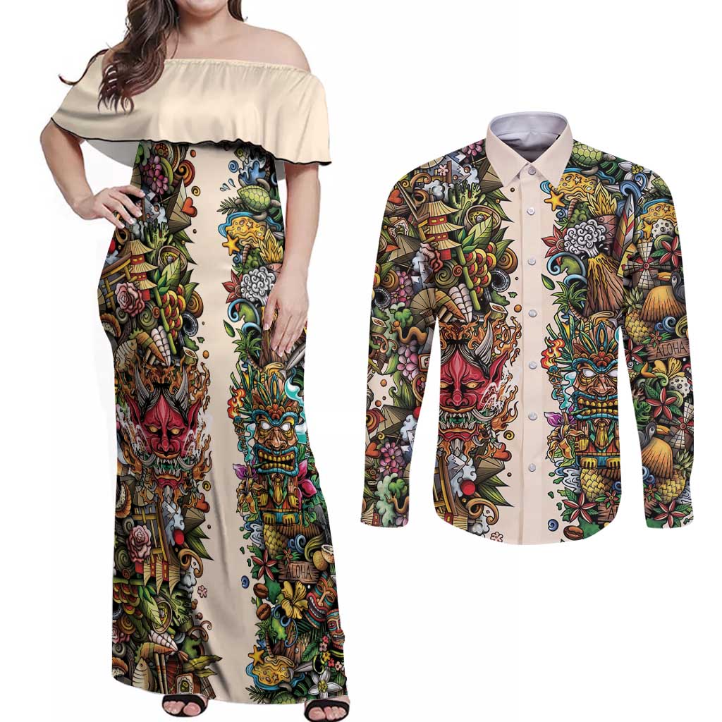 Hawaii And Japan Couples Matching Off Shoulder Maxi Dress and Long Sleeve Button Shirt Tiki With Oni Mask - Wonder Print Shop