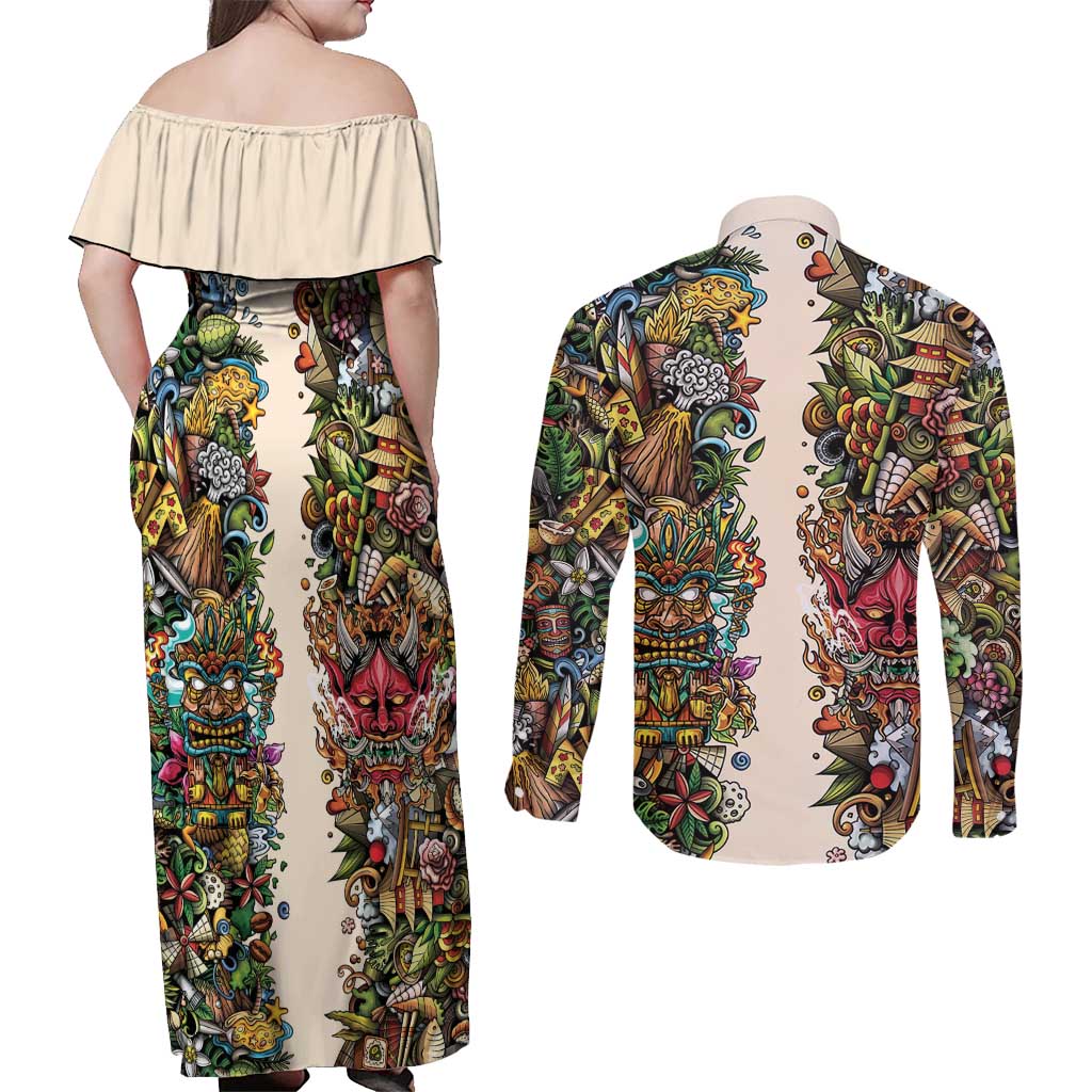 Hawaii And Japan Couples Matching Off Shoulder Maxi Dress and Long Sleeve Button Shirt Tiki With Oni Mask - Wonder Print Shop