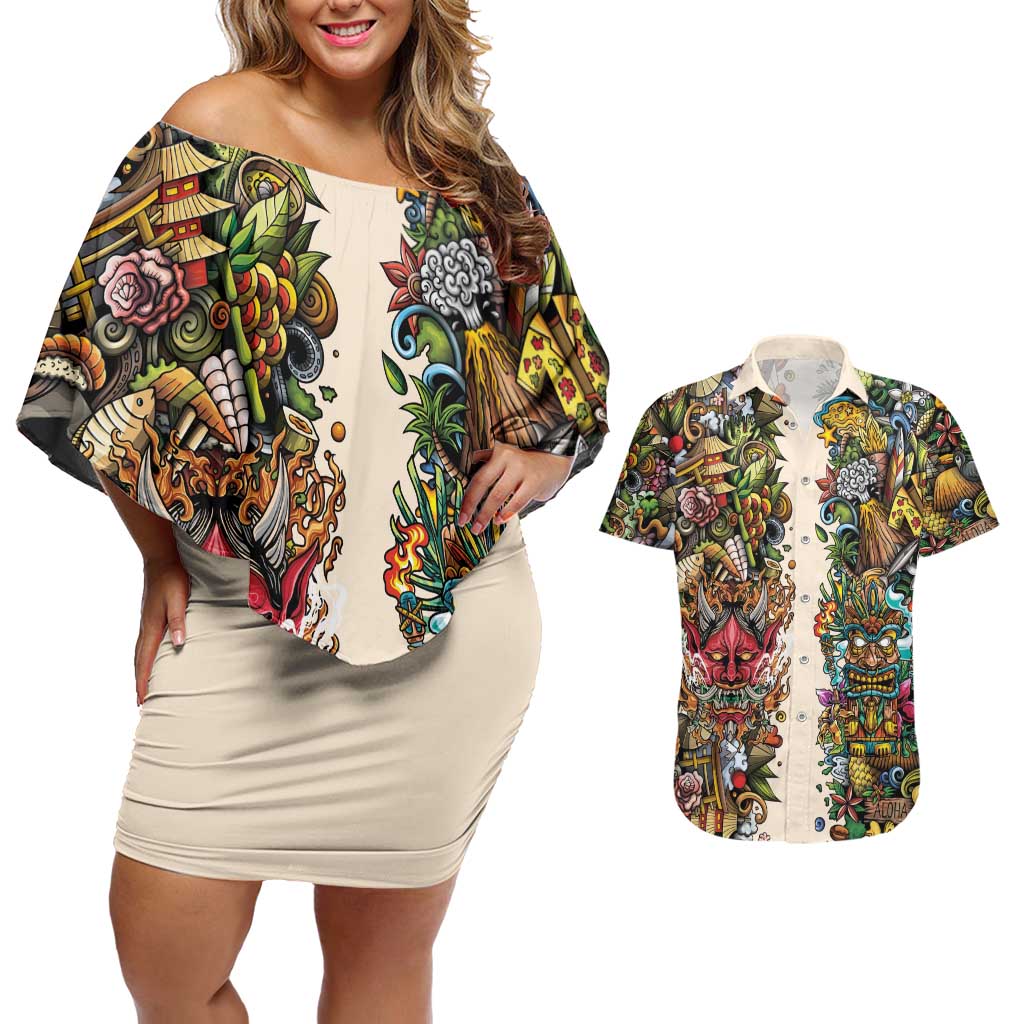 Hawaii And Japan Couples Matching Off Shoulder Short Dress and Hawaiian Shirt Tiki With Oni Mask - Wonder Print Shop
