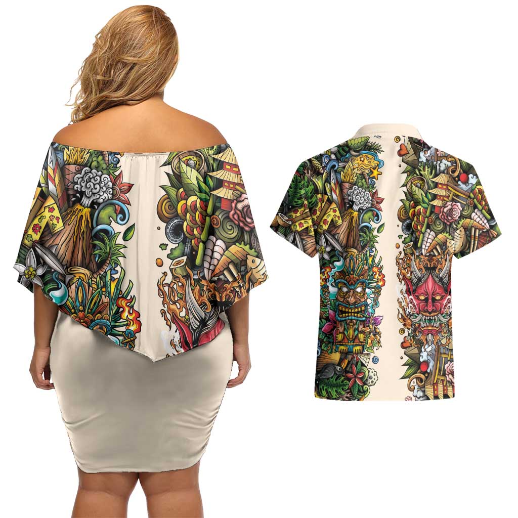 Hawaii And Japan Couples Matching Off Shoulder Short Dress and Hawaiian Shirt Tiki With Oni Mask - Wonder Print Shop