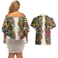 Hawaii And Japan Couples Matching Off Shoulder Short Dress and Hawaiian Shirt Tiki With Oni Mask - Wonder Print Shop