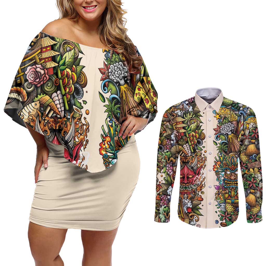 Hawaii And Japan Couples Matching Off Shoulder Short Dress and Long Sleeve Button Shirt Tiki With Oni Mask - Wonder Print Shop