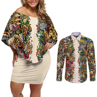 Hawaii And Japan Couples Matching Off Shoulder Short Dress and Long Sleeve Button Shirt Tiki With Oni Mask - Wonder Print Shop