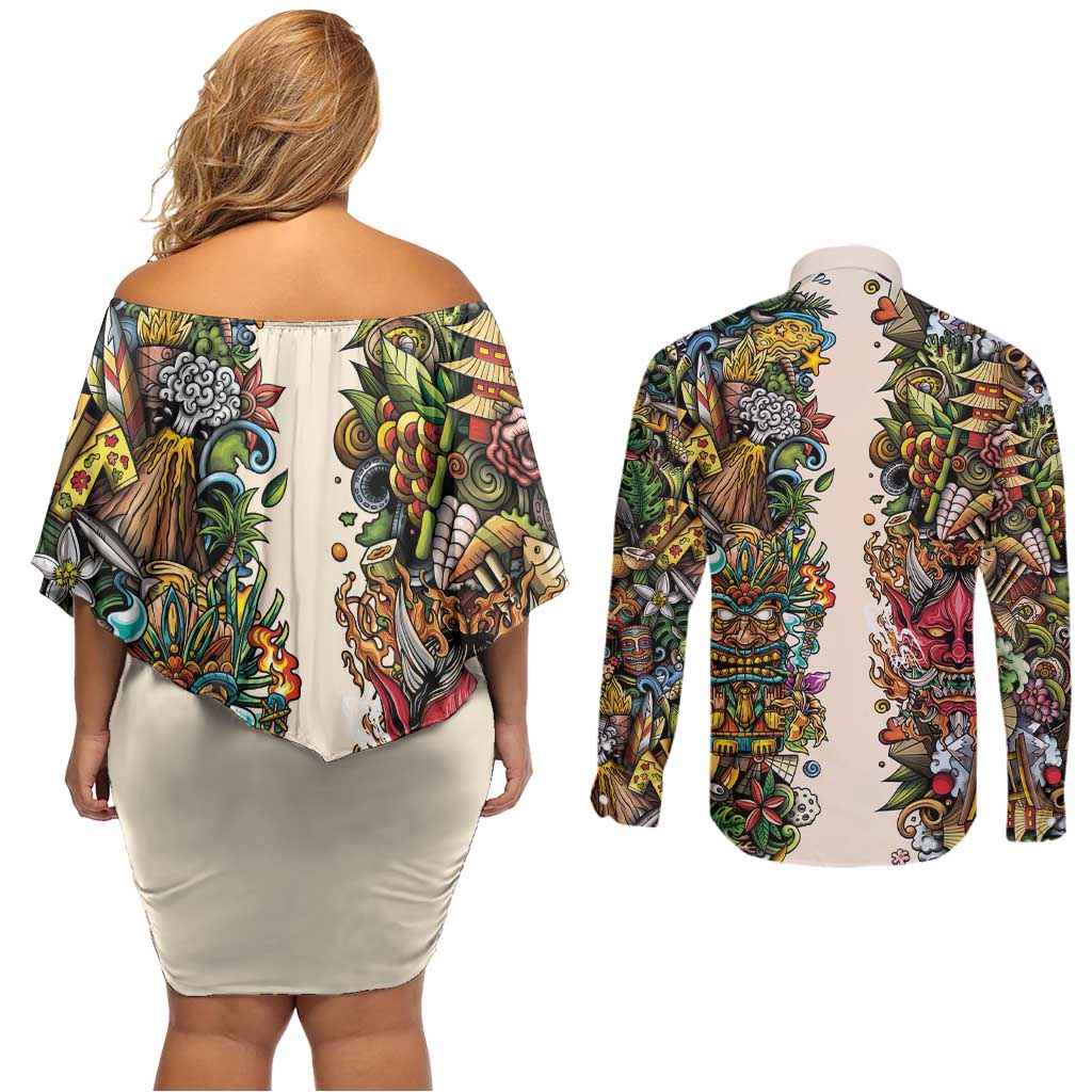 Hawaii And Japan Couples Matching Off Shoulder Short Dress and Long Sleeve Button Shirt Tiki With Oni Mask - Wonder Print Shop