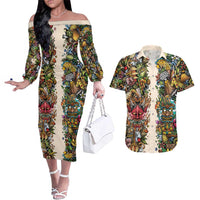 Hawaii And Japan Couples Matching Off The Shoulder Long Sleeve Dress and Hawaiian Shirt Tiki With Oni Mask - Wonder Print Shop