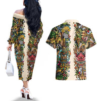 Hawaii And Japan Couples Matching Off The Shoulder Long Sleeve Dress and Hawaiian Shirt Tiki With Oni Mask - Wonder Print Shop
