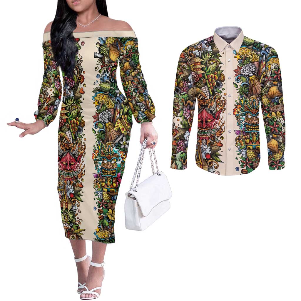 Hawaii And Japan Couples Matching Off The Shoulder Long Sleeve Dress and Long Sleeve Button Shirt Tiki With Oni Mask - Wonder Print Shop