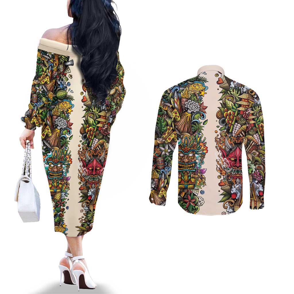 Hawaii And Japan Couples Matching Off The Shoulder Long Sleeve Dress and Long Sleeve Button Shirt Tiki With Oni Mask - Wonder Print Shop