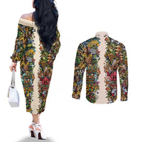 Hawaii And Japan Couples Matching Off The Shoulder Long Sleeve Dress and Long Sleeve Button Shirt Tiki With Oni Mask - Wonder Print Shop