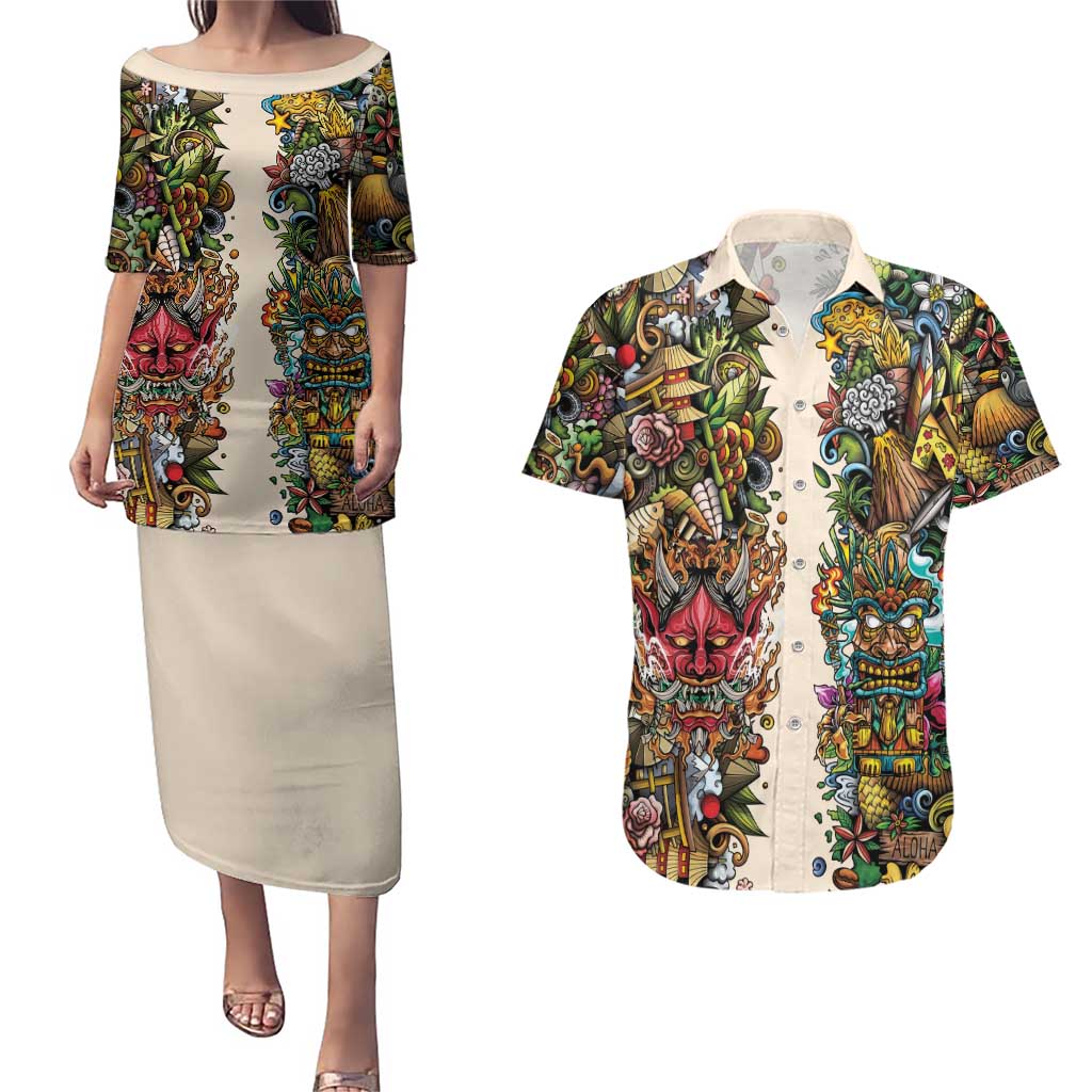 Hawaii And Japan Couples Matching Puletasi and Hawaiian Shirt Tiki With Oni Mask - Wonder Print Shop