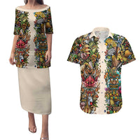 Hawaii And Japan Couples Matching Puletasi and Hawaiian Shirt Tiki With Oni Mask - Wonder Print Shop