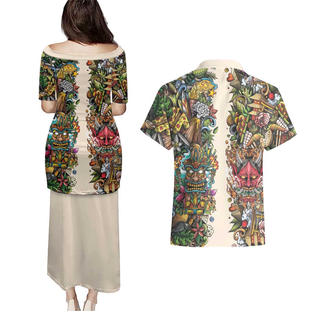 Hawaii And Japan Couples Matching Puletasi and Hawaiian Shirt Tiki With Oni Mask - Wonder Print Shop