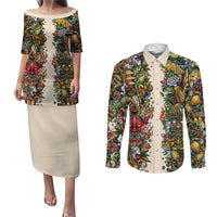 Hawaii And Japan Couples Matching Puletasi and Long Sleeve Button Shirt Tiki With Oni Mask - Wonder Print Shop