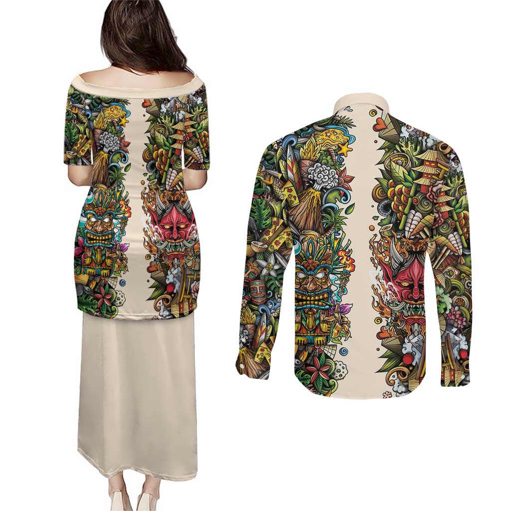 Hawaii And Japan Couples Matching Puletasi and Long Sleeve Button Shirt Tiki With Oni Mask - Wonder Print Shop