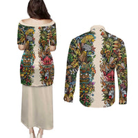 Hawaii And Japan Couples Matching Puletasi and Long Sleeve Button Shirt Tiki With Oni Mask - Wonder Print Shop