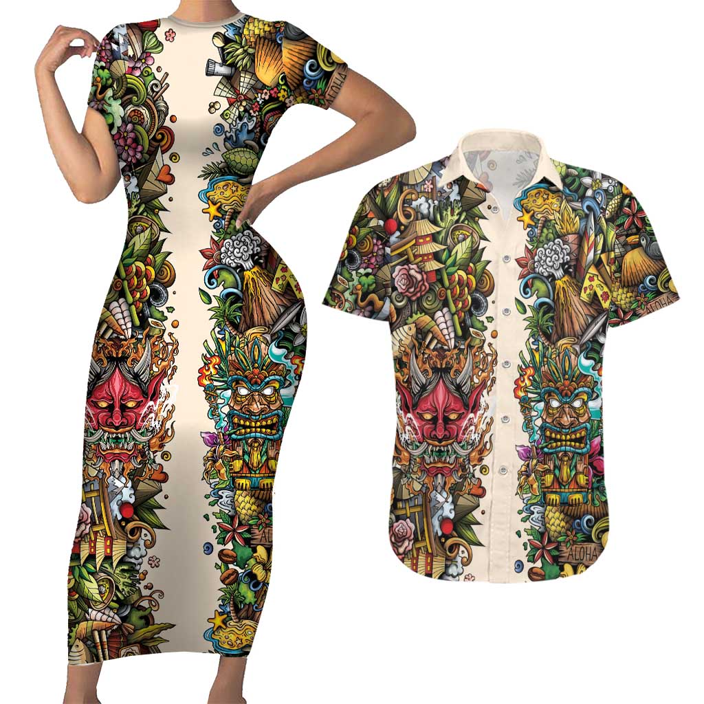Hawaii And Japan Couples Matching Short Sleeve Bodycon Dress and Hawaiian Shirt Tiki With Oni Mask - Wonder Print Shop