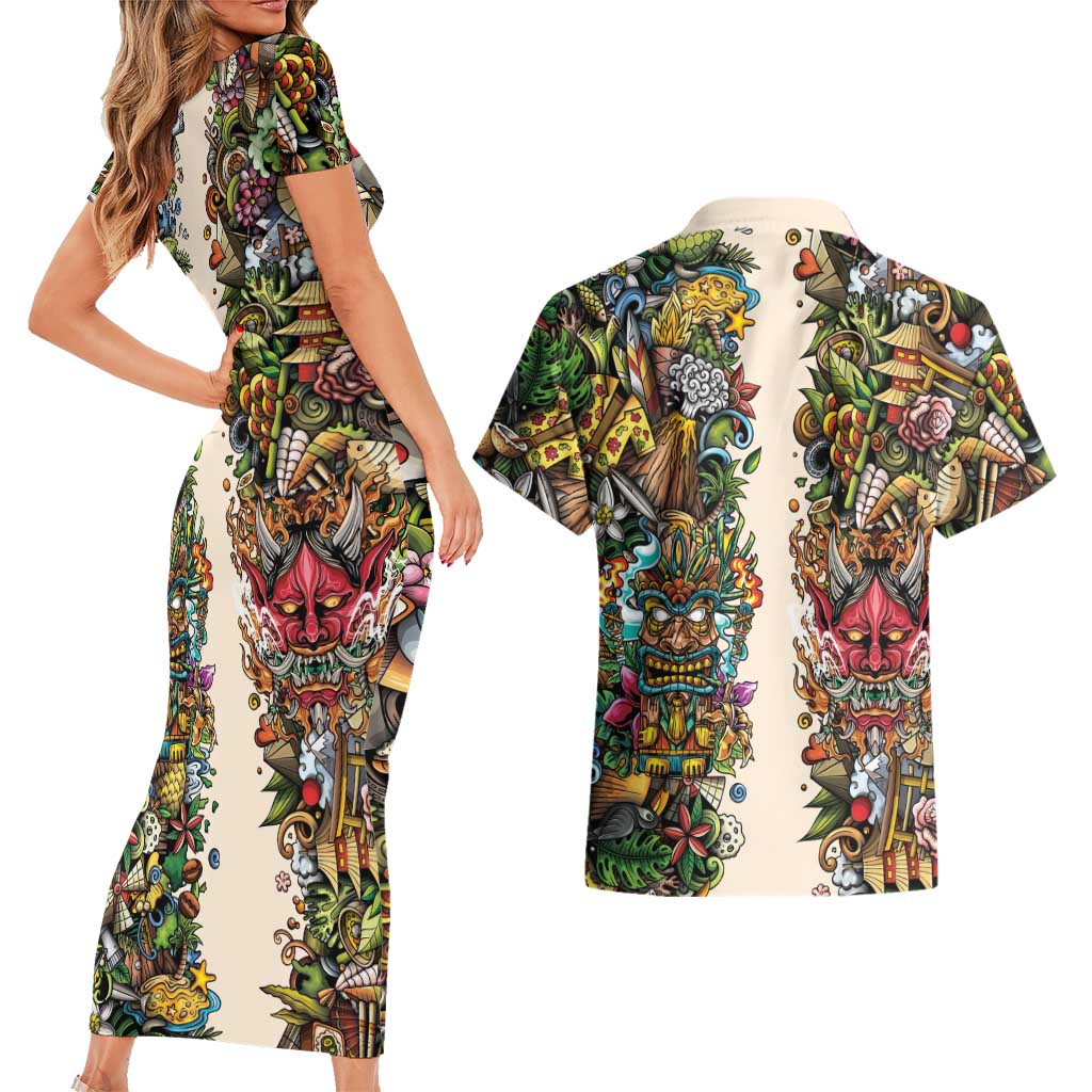 Hawaii And Japan Couples Matching Short Sleeve Bodycon Dress and Hawaiian Shirt Tiki With Oni Mask - Wonder Print Shop