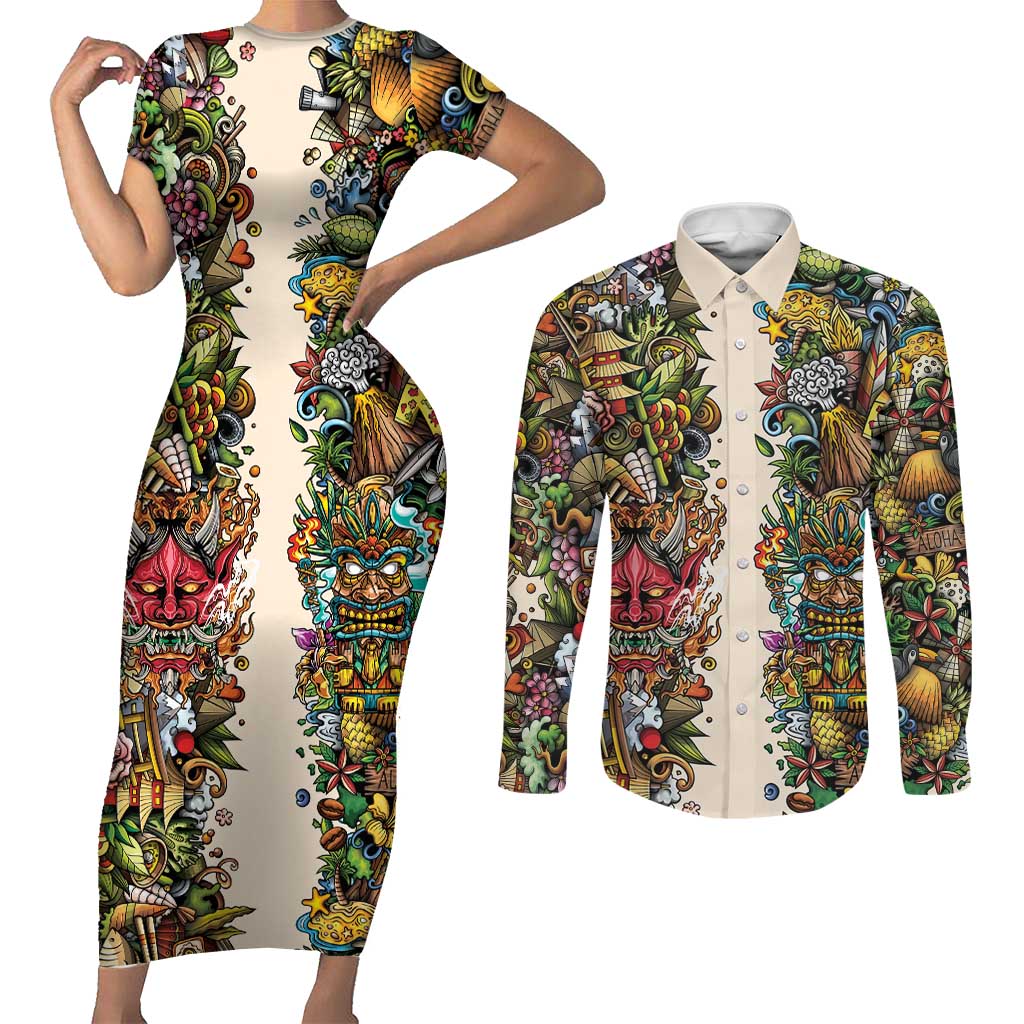 Hawaii And Japan Couples Matching Short Sleeve Bodycon Dress and Long Sleeve Button Shirt Tiki With Oni Mask - Wonder Print Shop