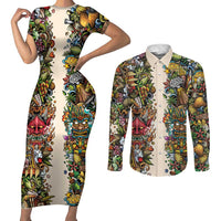 Hawaii And Japan Couples Matching Short Sleeve Bodycon Dress and Long Sleeve Button Shirt Tiki With Oni Mask - Wonder Print Shop