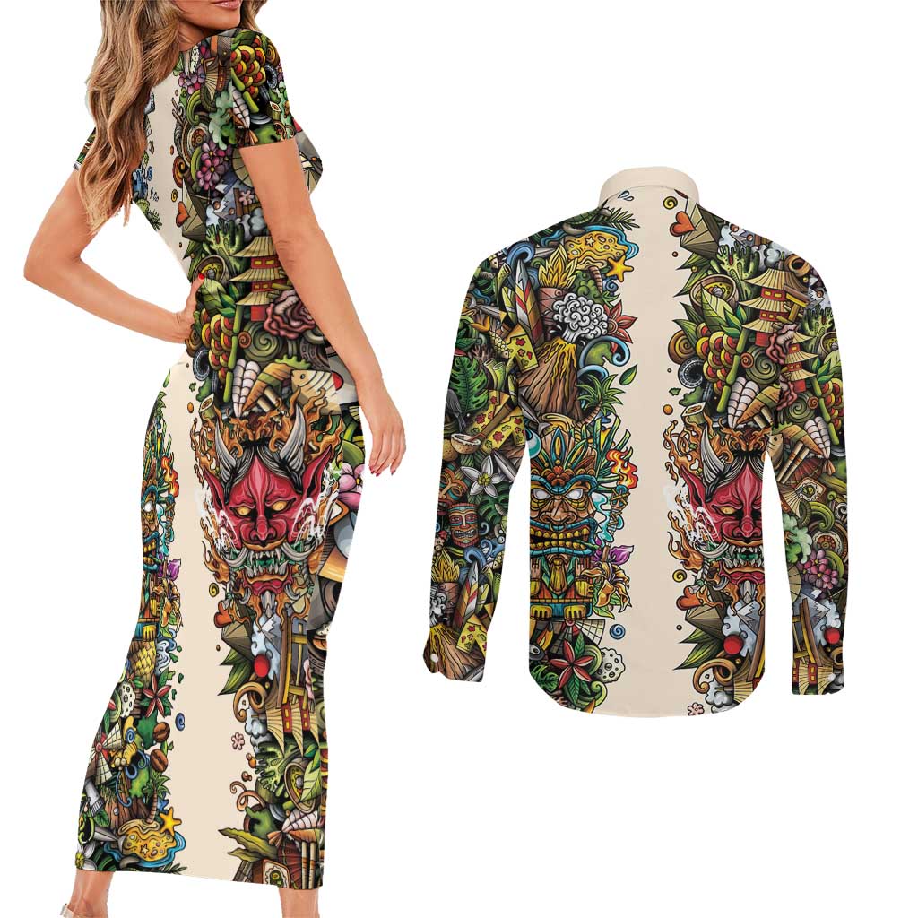 Hawaii And Japan Couples Matching Short Sleeve Bodycon Dress and Long Sleeve Button Shirt Tiki With Oni Mask - Wonder Print Shop