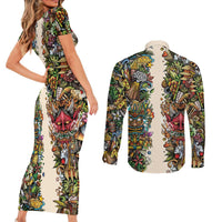 Hawaii And Japan Couples Matching Short Sleeve Bodycon Dress and Long Sleeve Button Shirt Tiki With Oni Mask - Wonder Print Shop