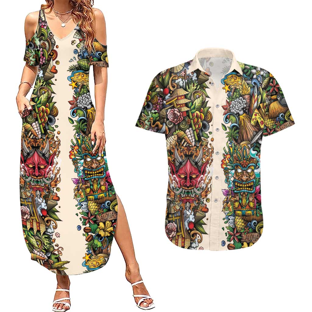 Hawaii And Japan Couples Matching Summer Maxi Dress and Hawaiian Shirt Tiki With Oni Mask - Wonder Print Shop