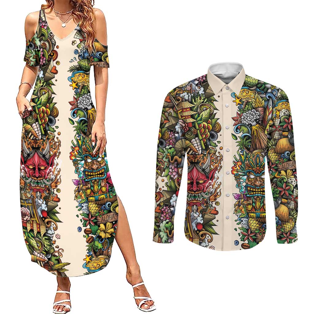 Hawaii And Japan Couples Matching Summer Maxi Dress and Long Sleeve Button Shirt Tiki With Oni Mask - Wonder Print Shop