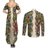 Hawaii And Japan Couples Matching Summer Maxi Dress and Long Sleeve Button Shirt Tiki With Oni Mask - Wonder Print Shop