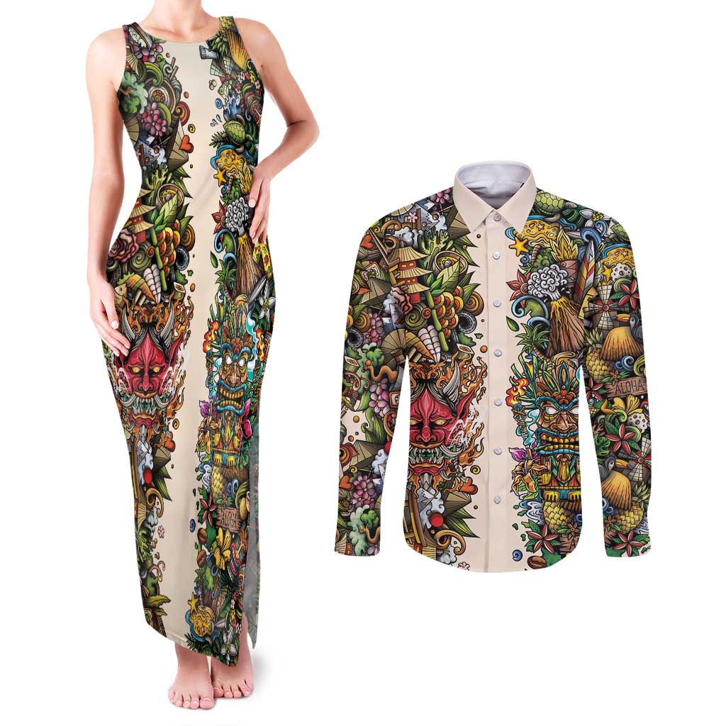 Hawaii And Japan Couples Matching Tank Maxi Dress and Long Sleeve Button Shirt Tiki With Oni Mask - Wonder Print Shop