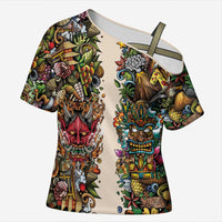 Hawaii And Japan Cross Shoulder Shirt Tiki With Oni Mask - Wonder Print Shop