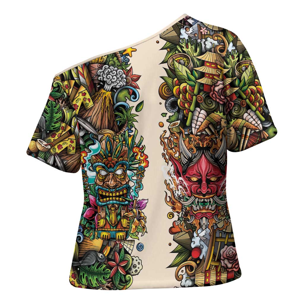Hawaii And Japan Cross Shoulder Shirt Tiki With Oni Mask - Wonder Print Shop