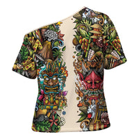 Hawaii And Japan Cross Shoulder Shirt Tiki With Oni Mask - Wonder Print Shop