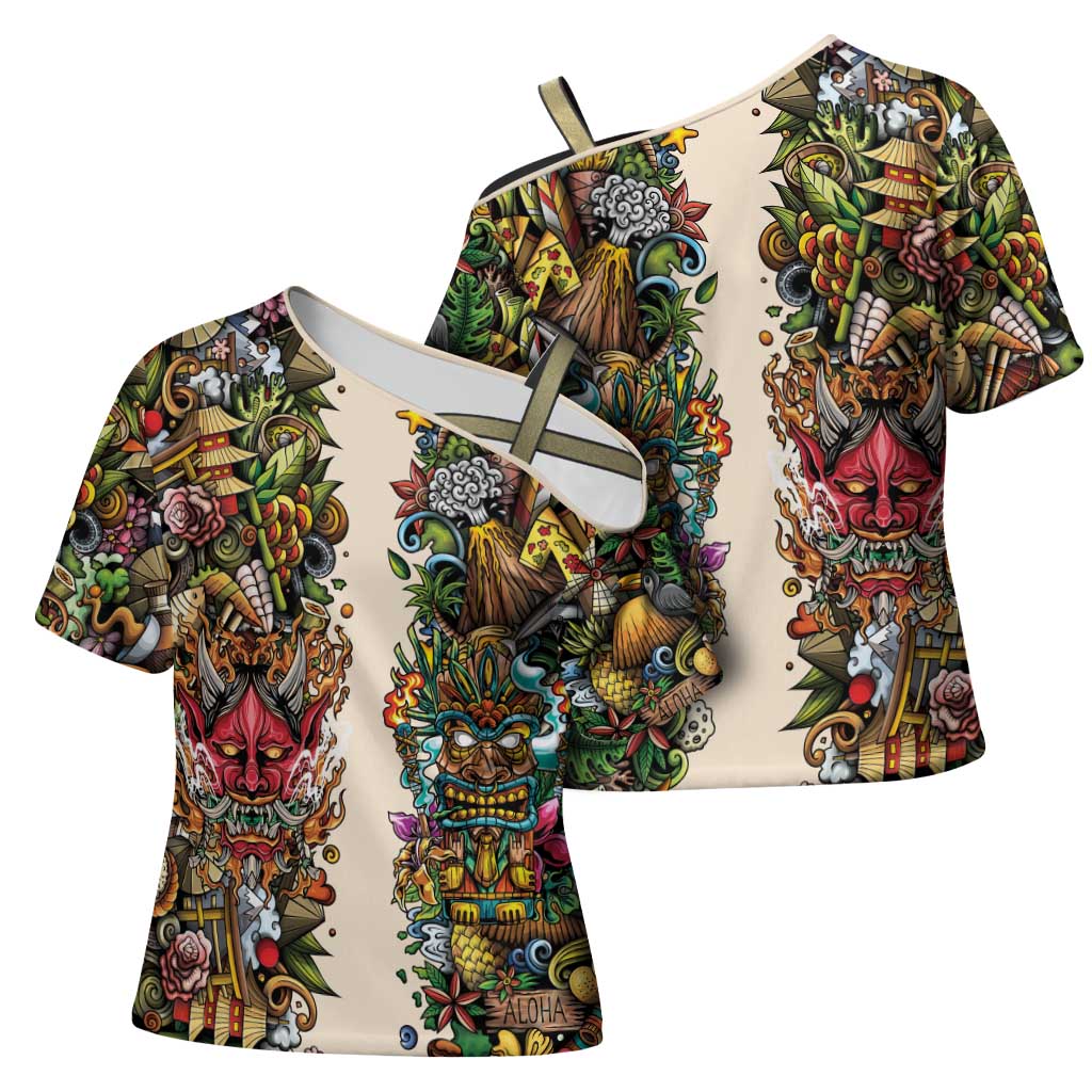 Hawaii And Japan Cross Shoulder Shirt Tiki With Oni Mask - Wonder Print Shop