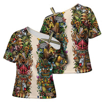Hawaii And Japan Cross Shoulder Shirt Tiki With Oni Mask - Wonder Print Shop