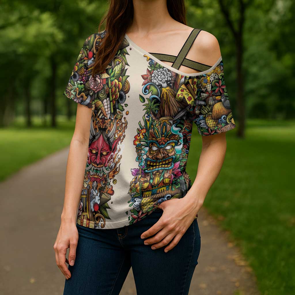 Hawaii And Japan Cross Shoulder Shirt Tiki With Oni Mask - Wonder Print Shop