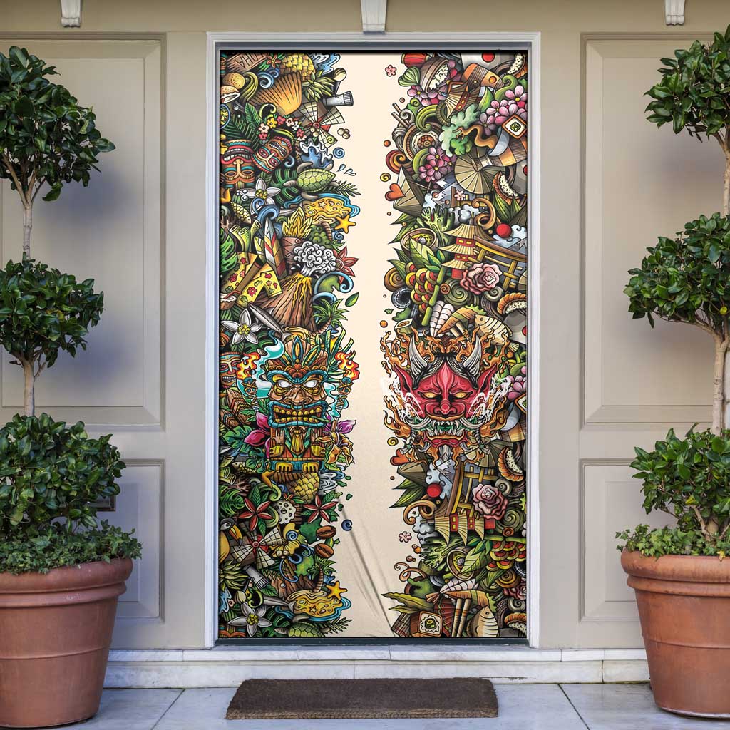 Hawaii And Japan Door Cover Tiki With Oni Mask - Wonder Print Shop