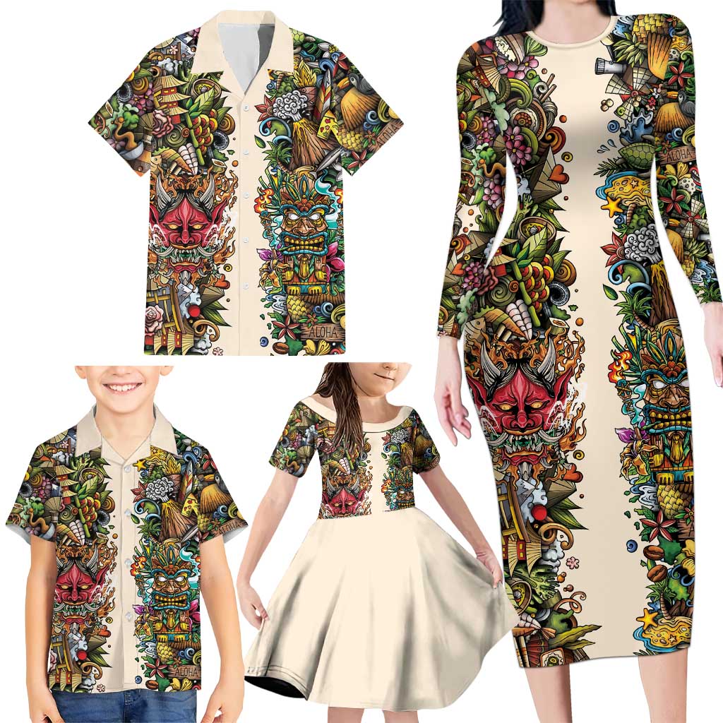 Hawaii And Japan Family Matching Long Sleeve Bodycon Dress and Hawaiian Shirt Tiki With Oni Mask - Wonder Print Shop